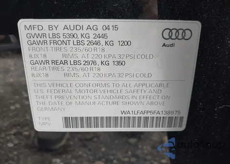 2015 Audi Q5 Premium Plus из США, поврежденный, VIN WA1LFAFP5FA138975